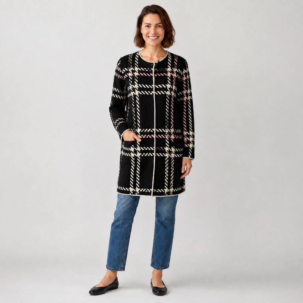 Talbots Plaid Longline Cardigan S Black White Pink Cotton Blend Women's Crew